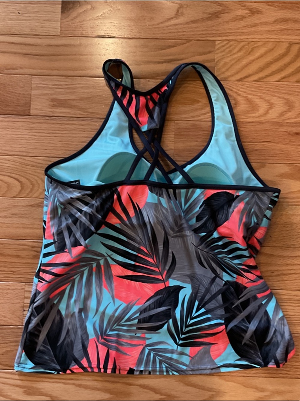 Xhilaration Tropical Palm Print Tankini Top - Coral, Teal, Black - Picture 6 of 8